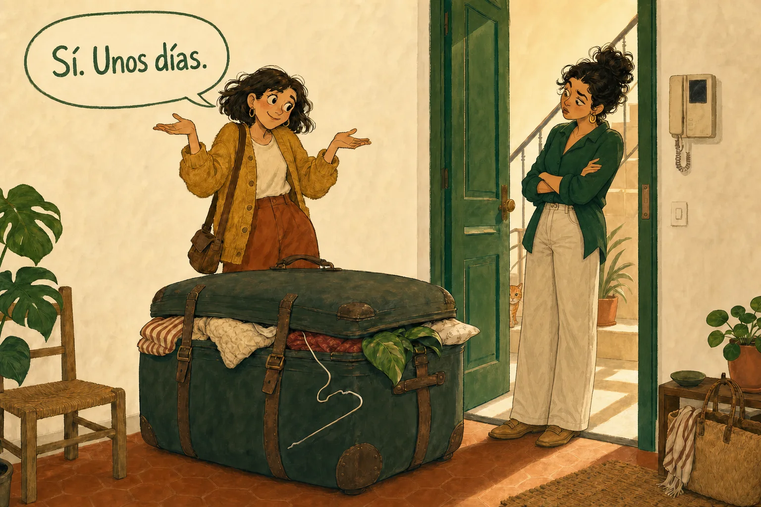 Marta says “Sí. Unos días.” while shrugging beside one enormous overfilled suitcase as Lucía looks skeptical.