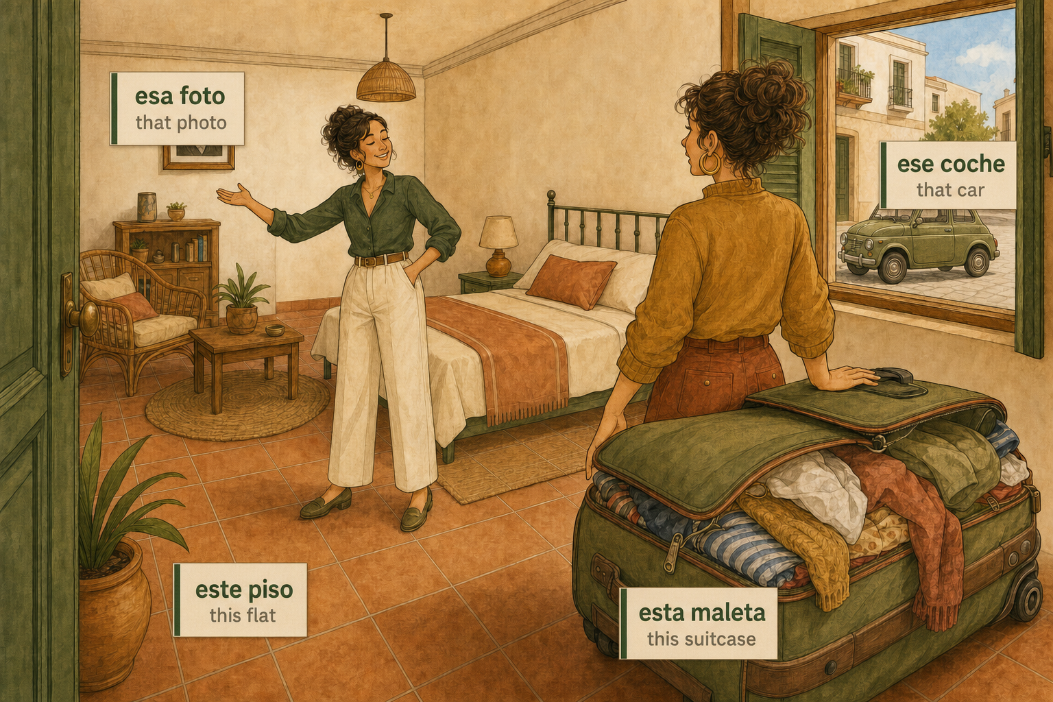 Inside the flat, permanent bilingual labels identify the nearby flat and suitcase and the farther photograph and car.