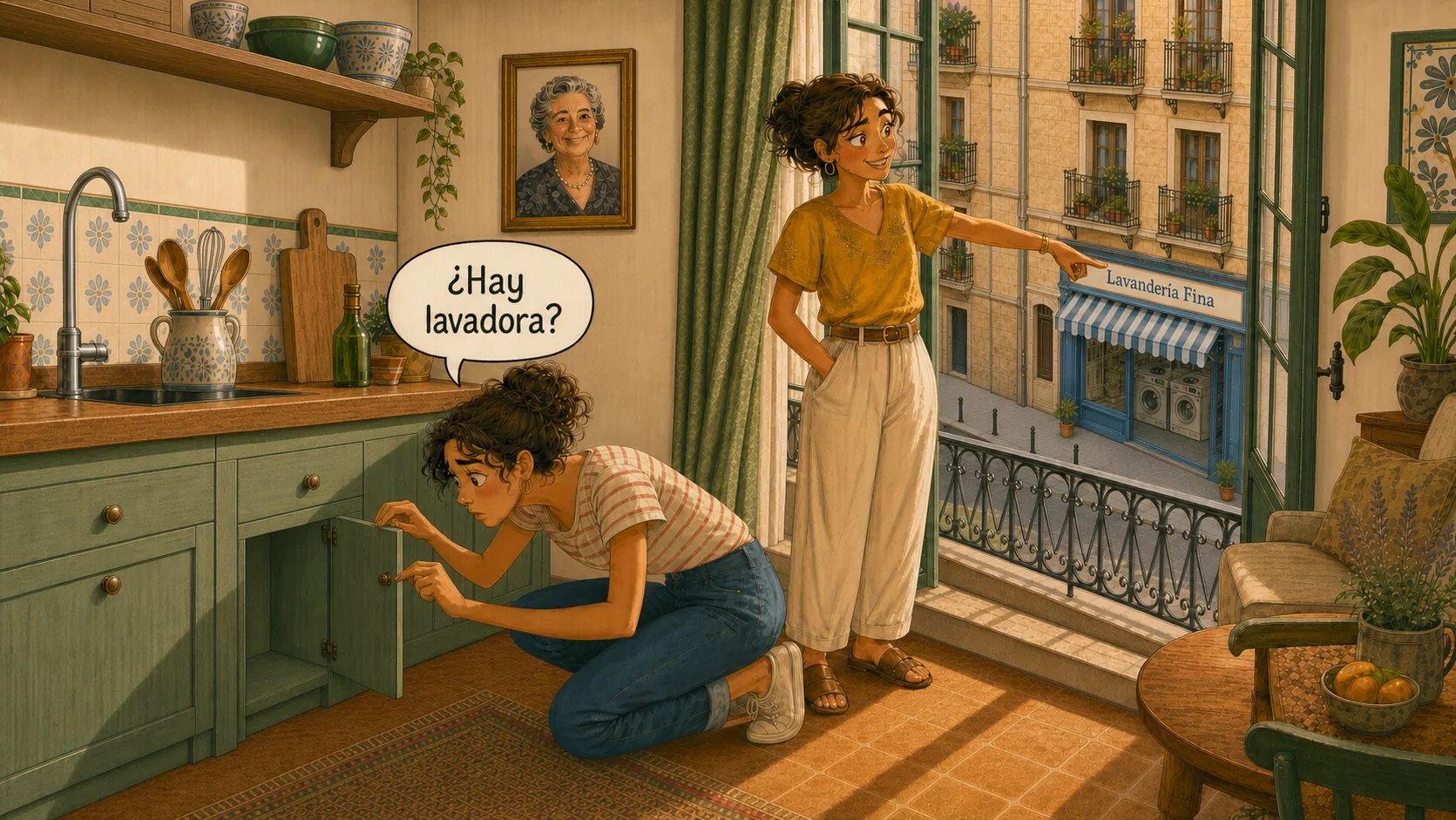 Marta asks “¿Hay lavadora?” while peering into a tiny kitchen cupboard as Lucía points down to Lavandería Fina from the upstairs flat.