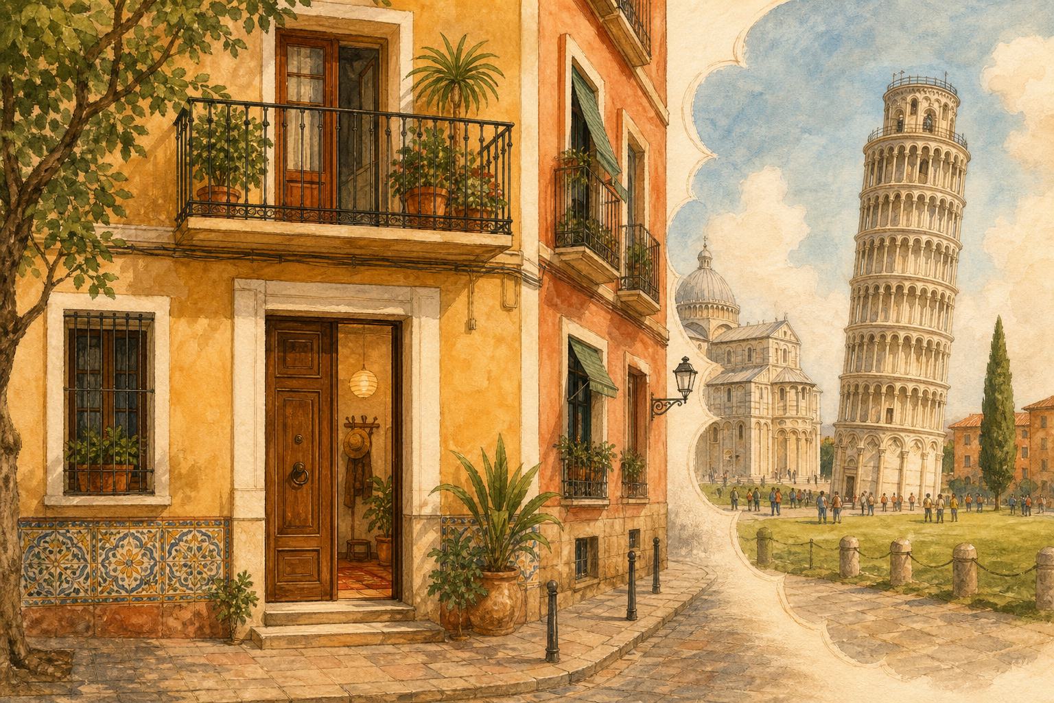 A Valencia apartment building in the foreground contrasted with the Leaning Tower of Pisa in the distance.