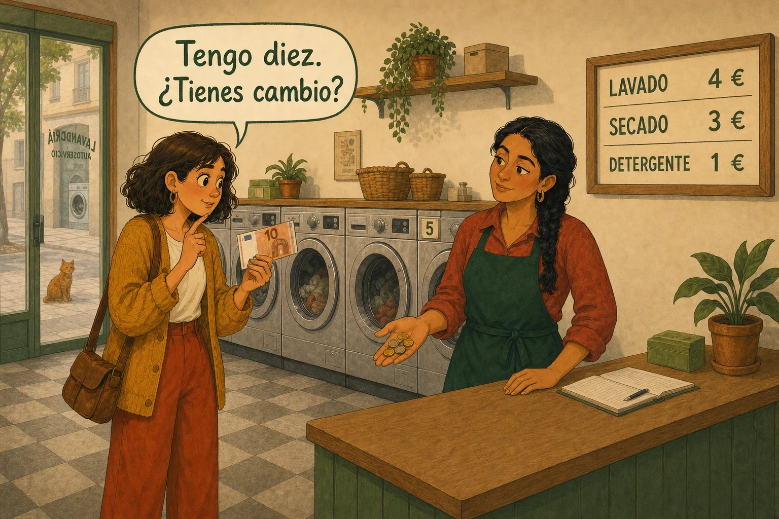Marta asks “Tengo diez. ¿Tienes cambio?” as Yolanda counts six euros beside the laundromat price board and machine five.