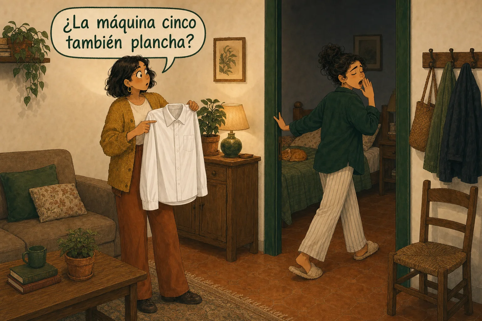 Marta asks “¿La máquina cinco también plancha?” while holding a perfectly pressed shirt as sleepy Lucía heads to bed.